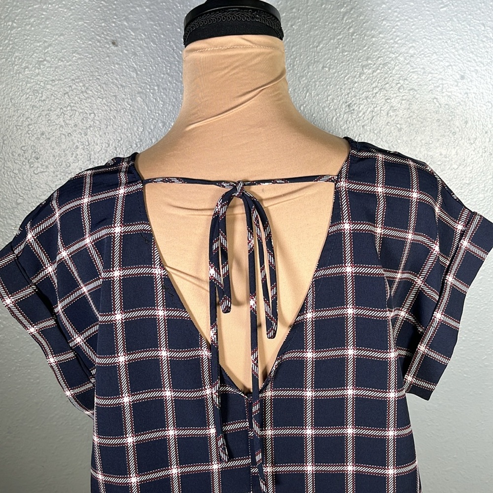 navy blue plaid twist front short sleeve blouse sz M picniccore fall casual - Picture 6 of 12